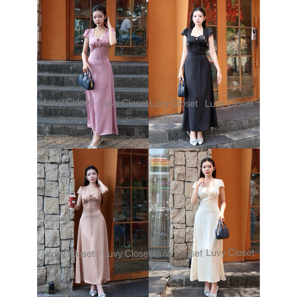 Đầm lụa Mango dáng dài cổ vuông thắt nơ - Ngọt Dress