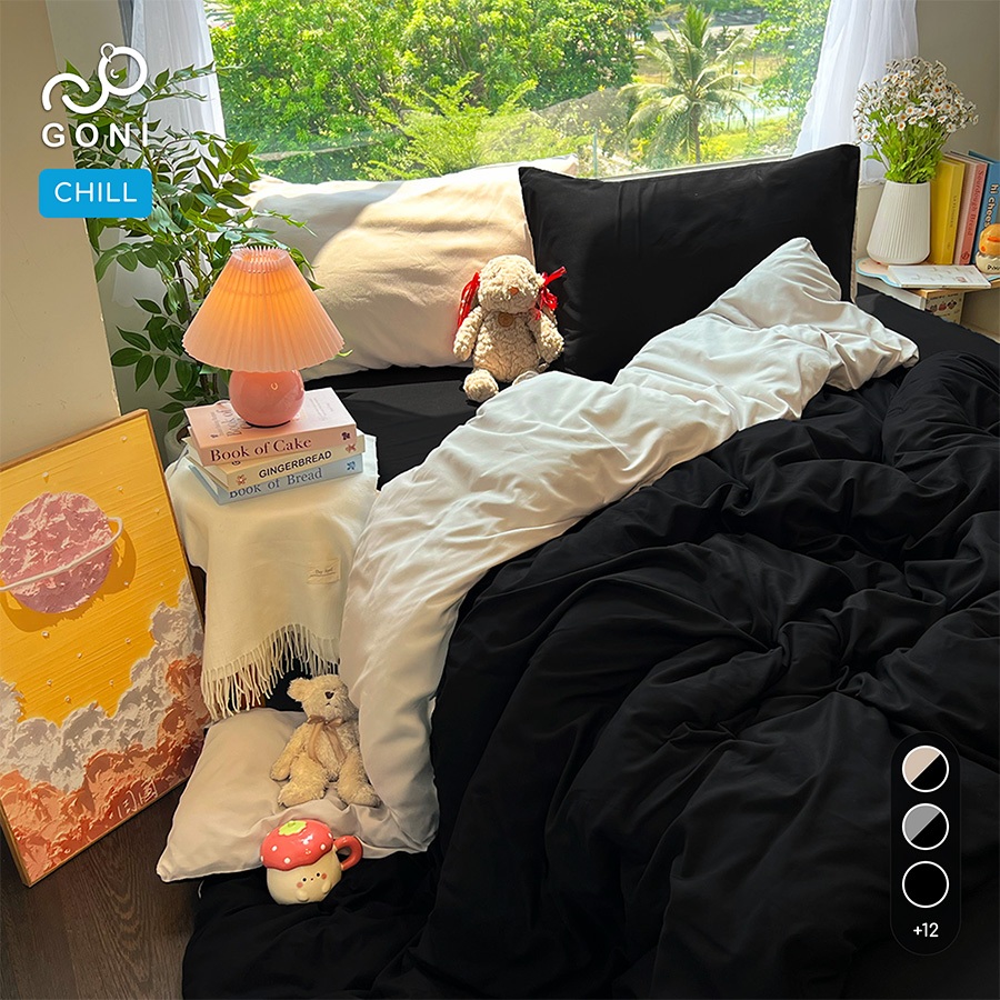 Bộ vỏ chăn mền ga gối GONI CHILL màu Beige Đen - Ga drap giường bo chun cao 4-25cm kích thước 1m, 1m