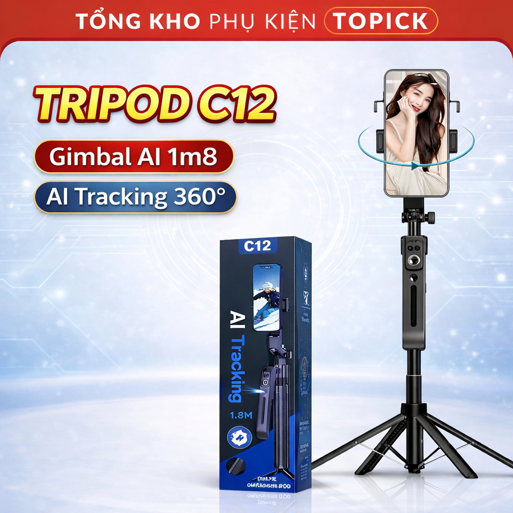 Gậy Chụp Ảnh 4 Chân C12 AI TRACKING - Tích Hợp Gimbal AI, Tripod Xoay 360° Tự Động Thông Minh - TOPI