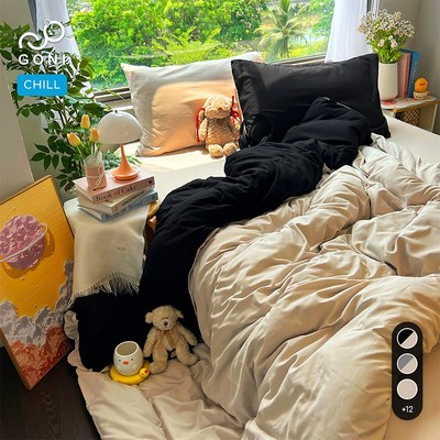 Bộ vỏ chăn mền ga gối GONI CHILL màu Đen Beige - Ga drap giường bo chun cao 4-25cm kích thước 1m, 1m2 ,1m4, 1m6, 1m8, 2m