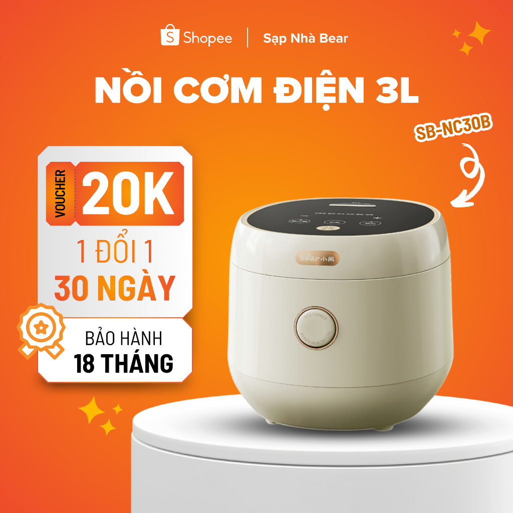 Nồi Cơm Điện Bear SB-NC30B 3L Phiên Bản Tiếng Việt Lòng Nồi 6 Lớp Bảo Hành 18 Tháng