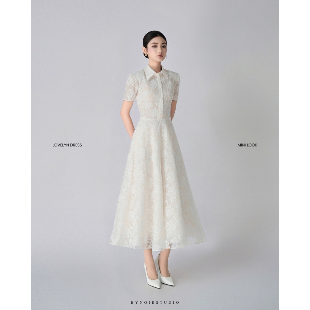 Bynoir Lovelyn Lace Dress - Váy ren dáng xoè cổ sơ mi thanh lịch