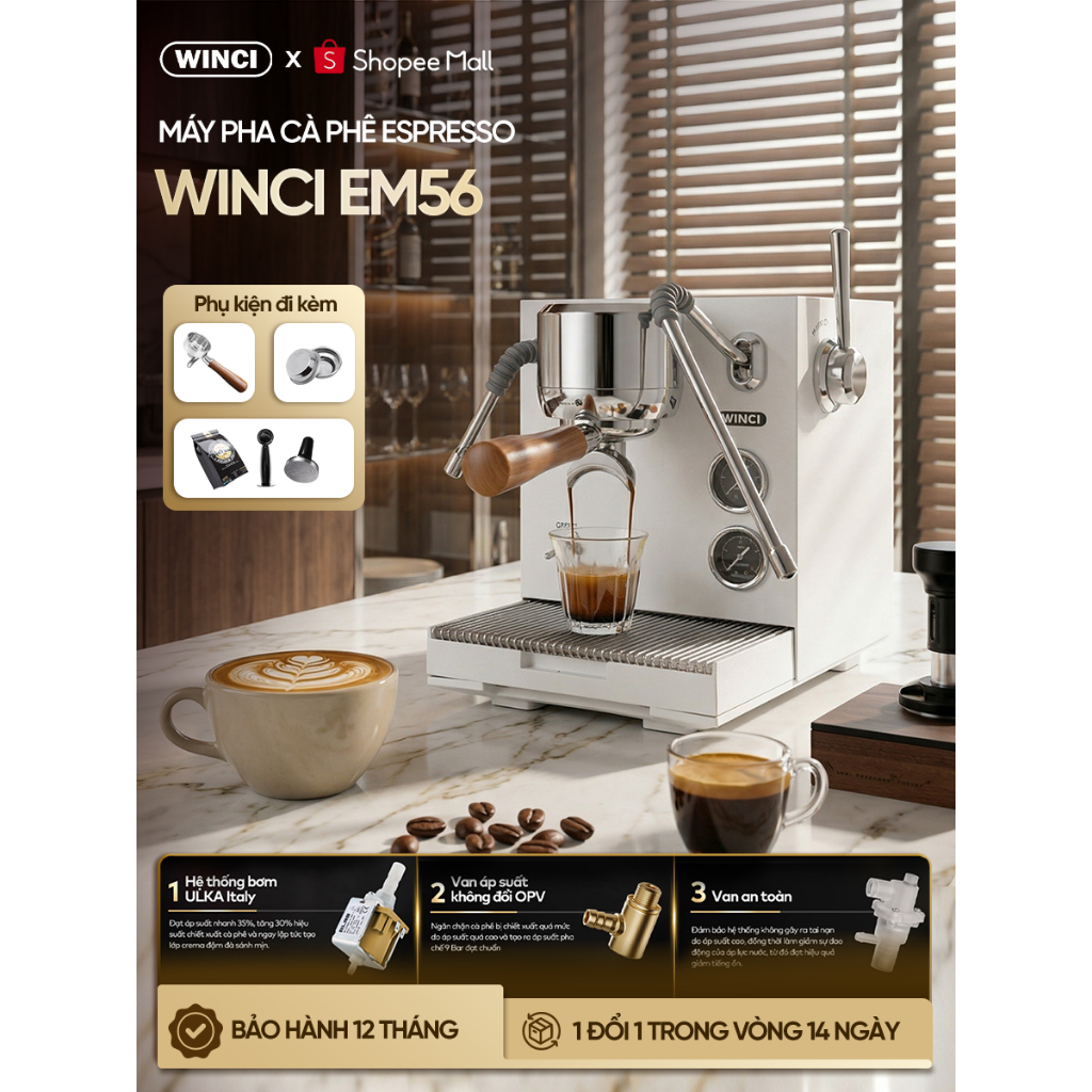 [Bao Gồm VAT] Máy Pha Cà Phê Espresso Winci EM56, hệ thống 3 boiler độc lập, bảo hành 1 năm