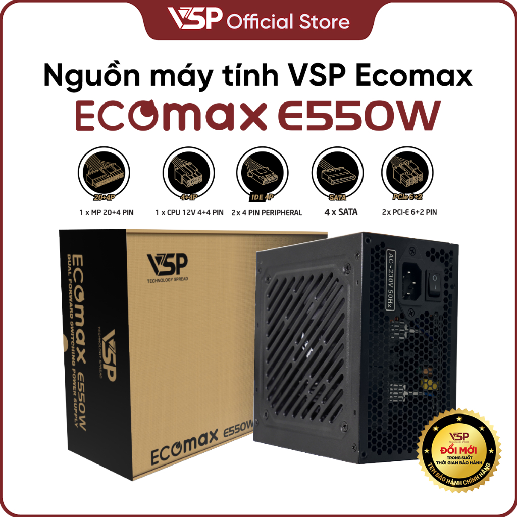 Bộ Nguồn Máy Tính VSP EcoMax E550W Công suất 550W Hiệu suất 82% Linh kiện tụ Nhật (Bảo hành 3 năm to