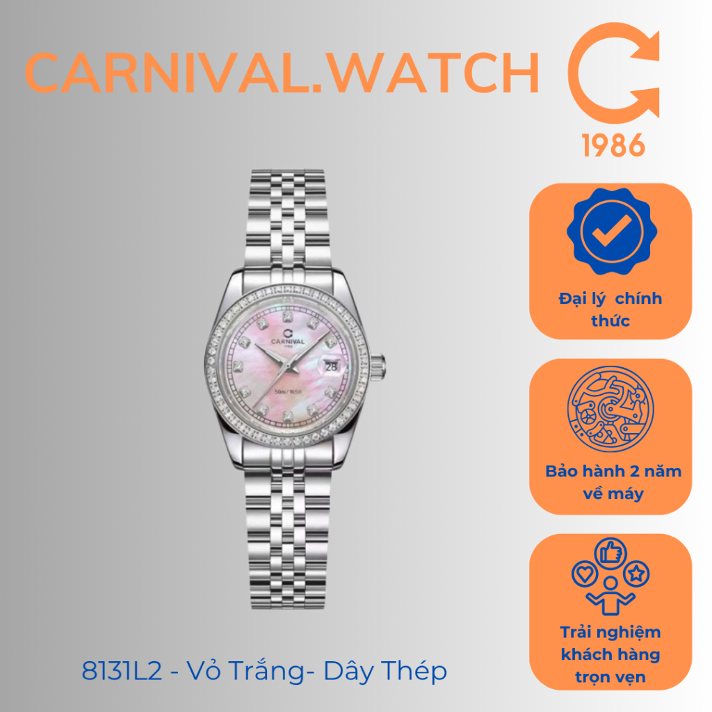 Đồng Hồ Nữ Carnival 8131L2-VT-HK Chính Hãng – Dây Thép Không Gỉ, Mặt Khảm Xà Cừ Đính Đá Sang Trọng