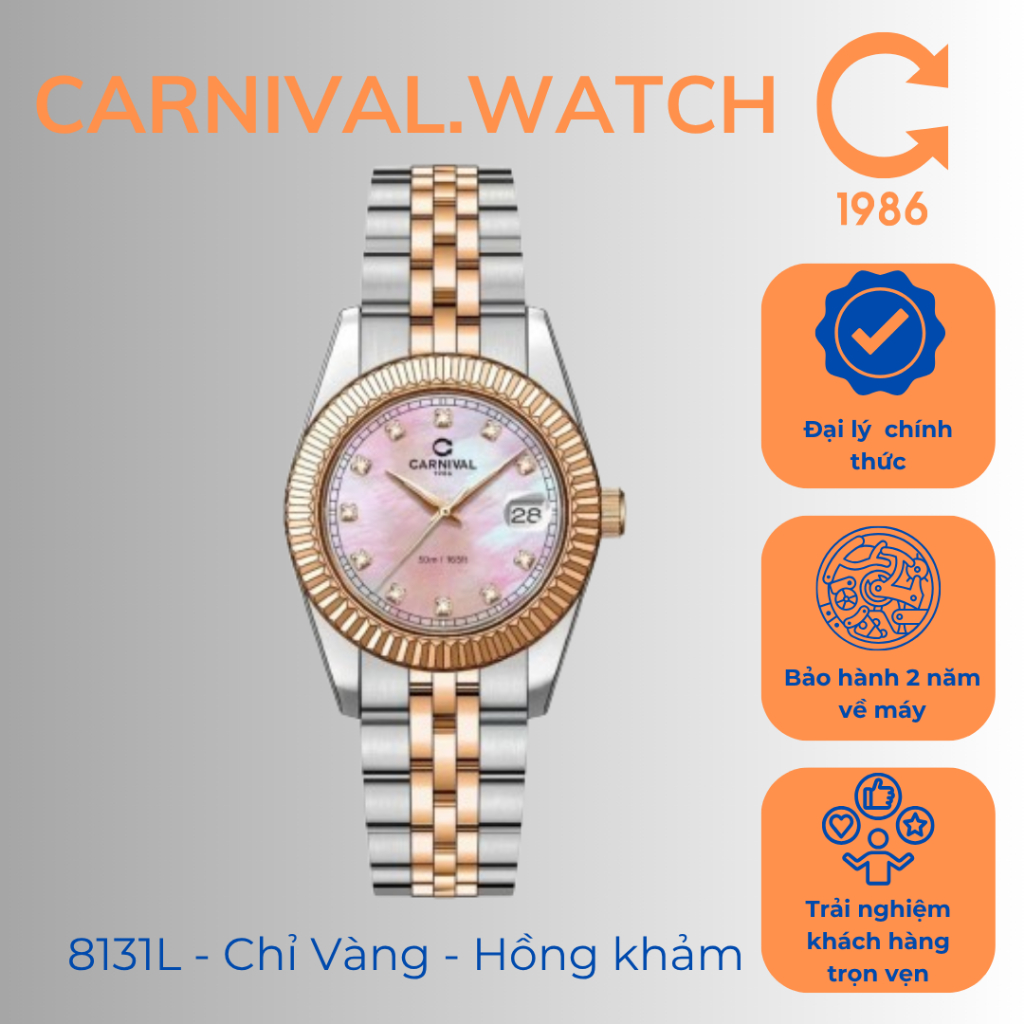 Đồng Hồ Nữ Carnival 8131L-CH-HK Chính Hãng – Mặt Khảm Xà Cừ Chỉ Hồng Sang Trọng, Dây Thép Không Gỉ