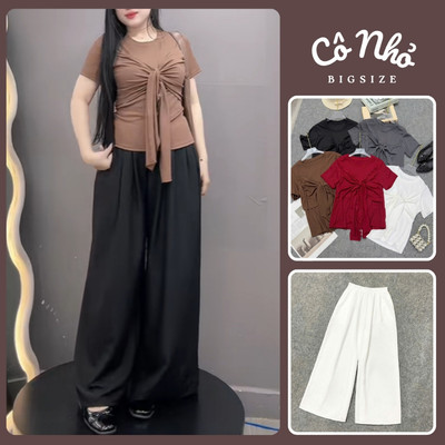 Set Bộ Bigsize Nữ Áo Thun Tay Ngắn Thắt Nơ Phối Quần Lụa Ống Rộng Nhẹ Nhàng Cho Chubby SET968