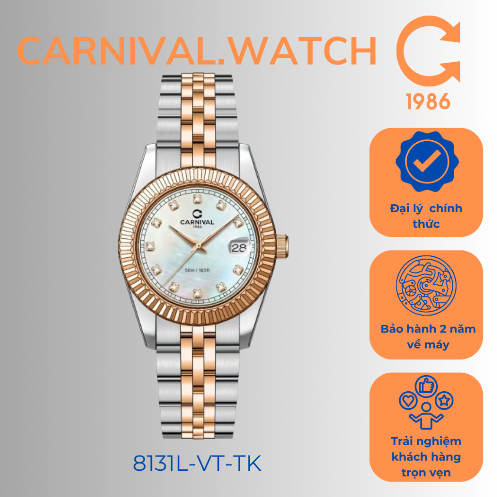 Đồng Hồ Nữ Carnival 8131L-CH-TK Chính Hãng – Mặt Trắng Khảm Xà Cừ Chỉ Hồng, Dây Thép Không Gỉ