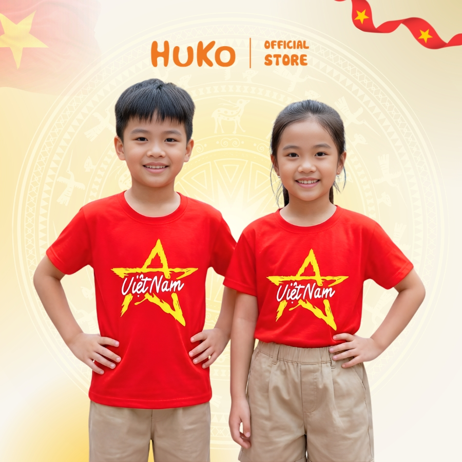 HCM Hỏa Tốc | Áo Cờ Đỏ Sao Vàng Trẻ Em HUKO Hàng Việt Nam, Dưới 43Kg | Áo Thun Cotton Cho Bé Mặc Mát
