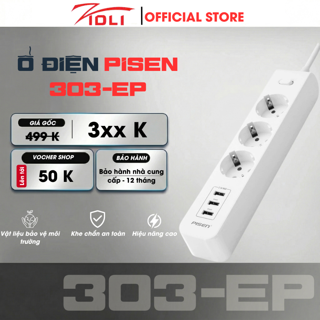 Zidli Ổ cắm điện Pisen 303-EP(3USB, 3AC) - ổ căm thông minh, đa năng tiện ích