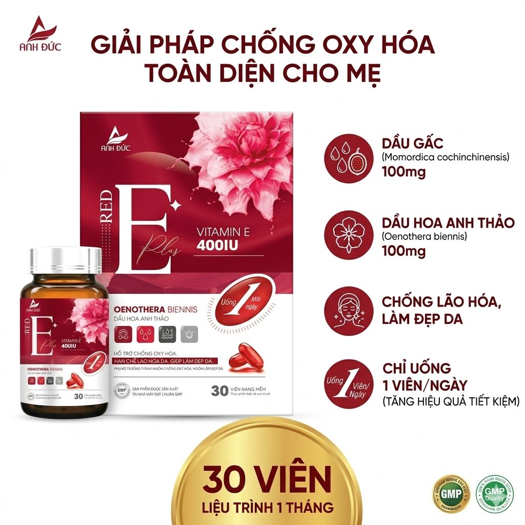 Viên Uống Vitamin E Đỏ Red E Plus 400IU -Hoa Anh Thảo, Dầu Gấc Giúp Trắng Da, hống Lão Hóa (30 Viên)