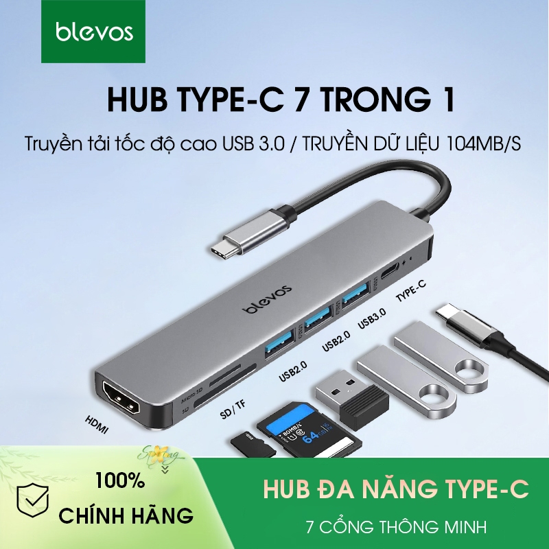 Blevos 7 trong 1 Hub hia cổng USB 3.0 bộ chuyển đổi Hub chuyển đổi Type C to HDMI SD TF Hub  cổng ch