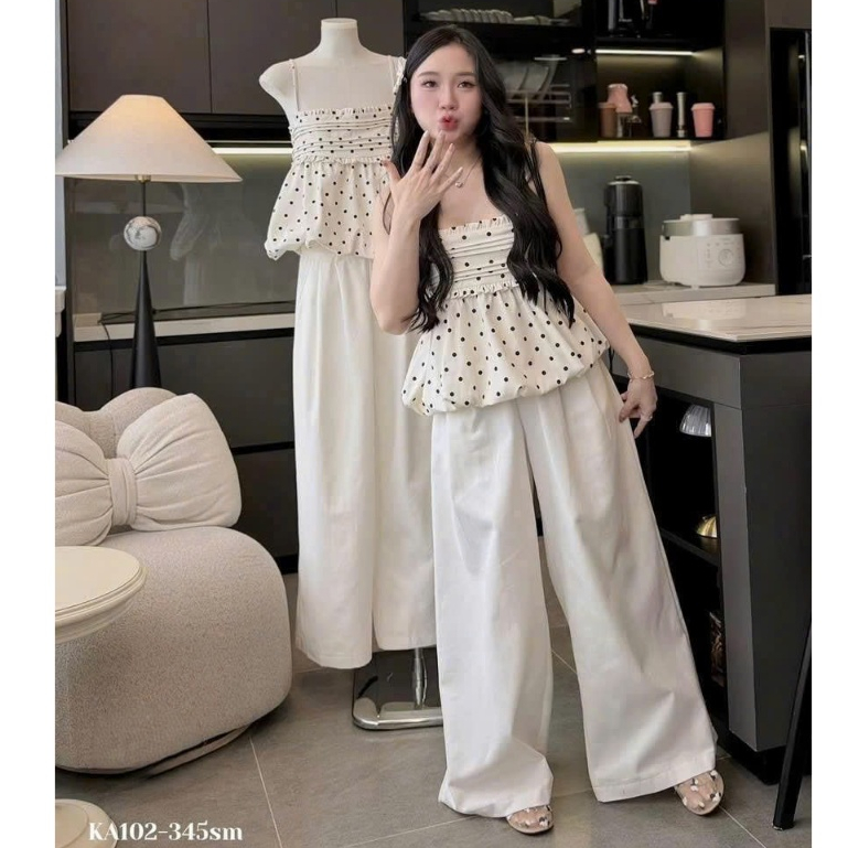 Set bộ dài - Set bộ thiết kế đáng iu cho nàng hẹn hò, đi chơi, áo 2 dây đính hoa phối bèo xếp ly dán