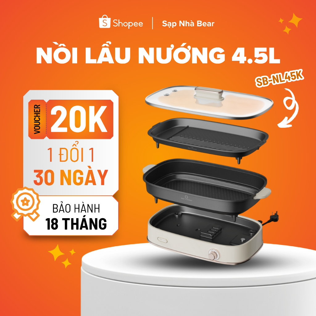 Nồi Lẩu Nướng Bear SB-NL45K Đa Chức Năng Bảo Hành Chính Hãng 18 Tháng