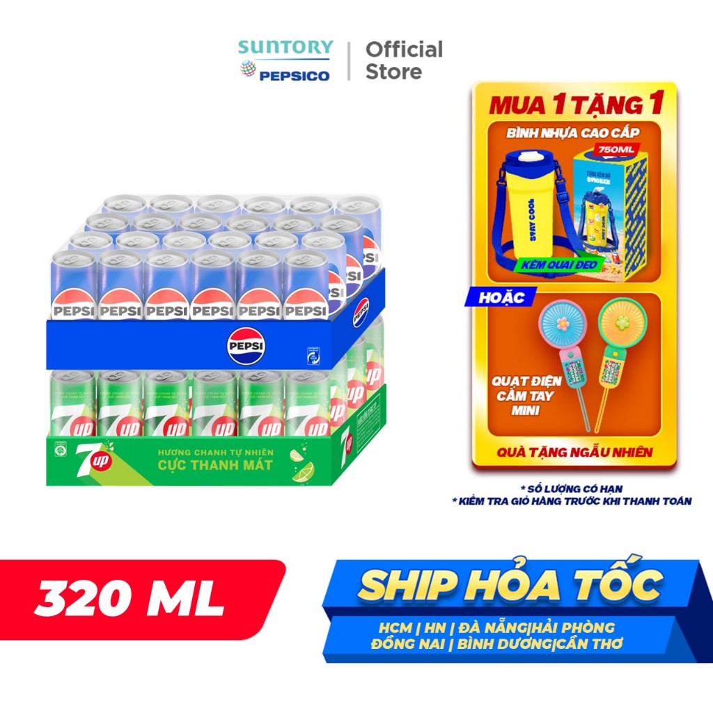 Combo 1 Thùng 24 Lon Pepsi và 1 Thùng 24 Lon 7Up (320ml/lon hoặc 350ml/lon)