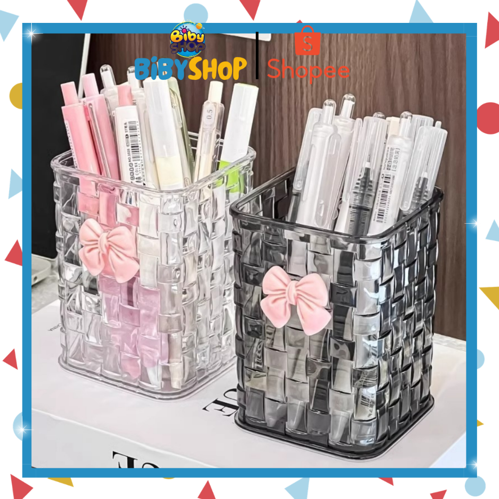 Hộp Đựng Đồ Trong Suốt BIBY Dạng Lưới Charm Nơ, Ống Bút Đa Năng Hình Nơ