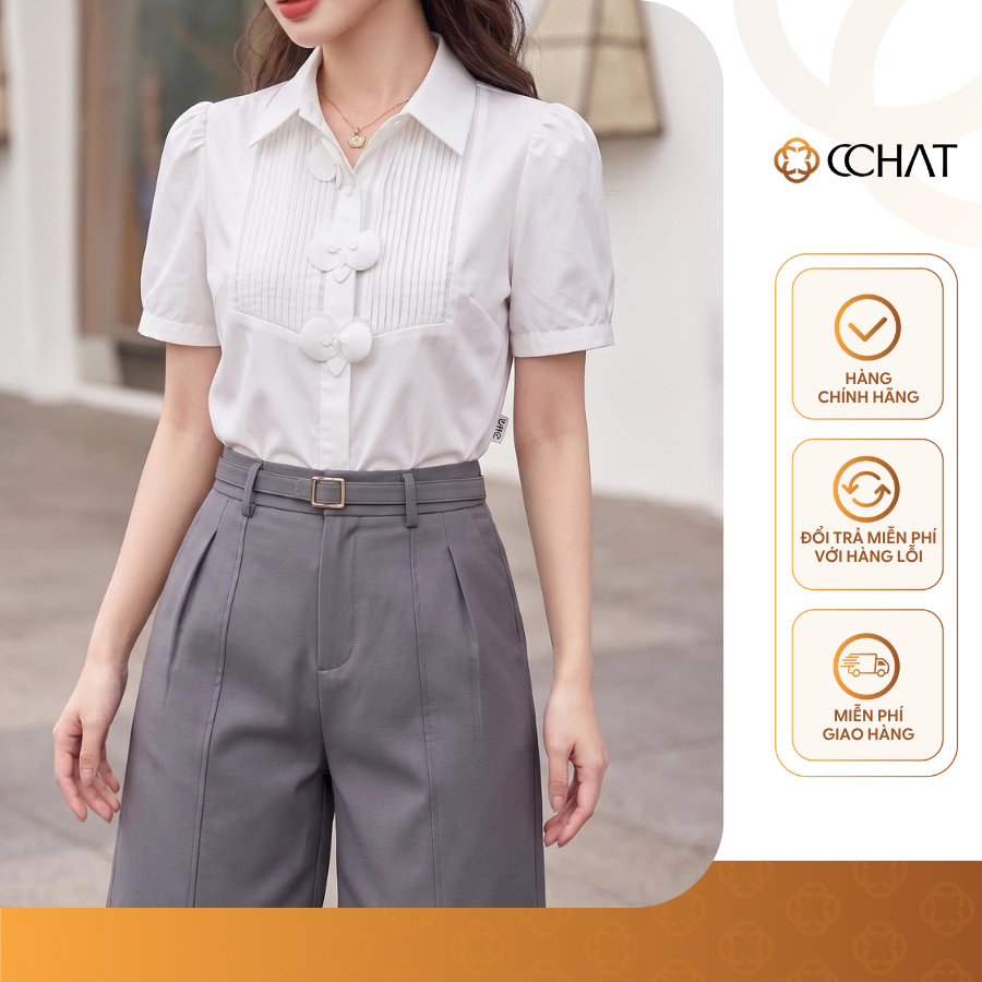 Áo Sơ Mi Nữ 𝐂𝐂𝐇𝐀𝐓 Dáng Suông Kiểu Minsyin Đính Hoa Trang Trí Chất Liệu Cao Cấp 16FNT9042ST