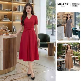 Đầm dự tiệc Nhật Vy cổ V tay ngắn form dáng xoè chất liệu lụa phù hợp công sở đi chơi cafe - D3067