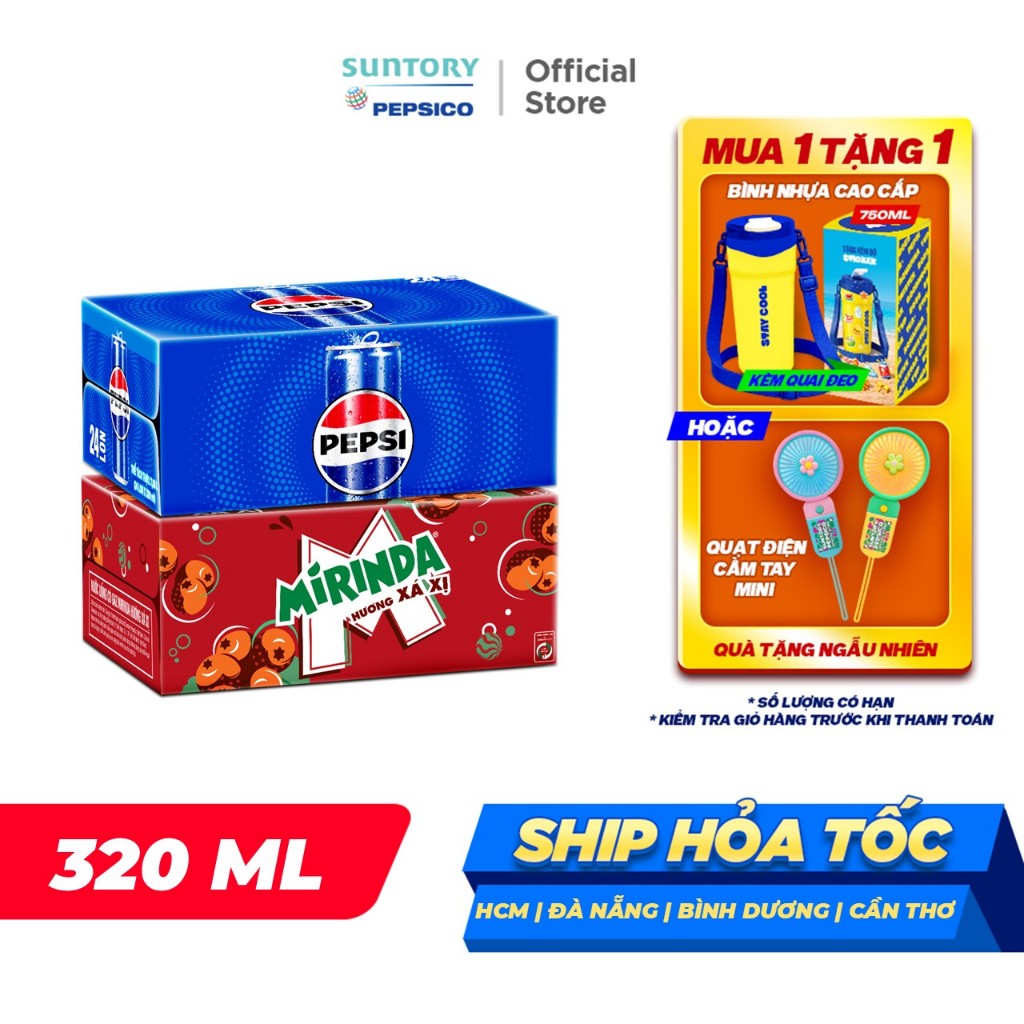 Combo 1 Thùng Pepsi lon và 1 Thùng Mirinda Xá Xị (320ml hoặc 350ml/lon)
