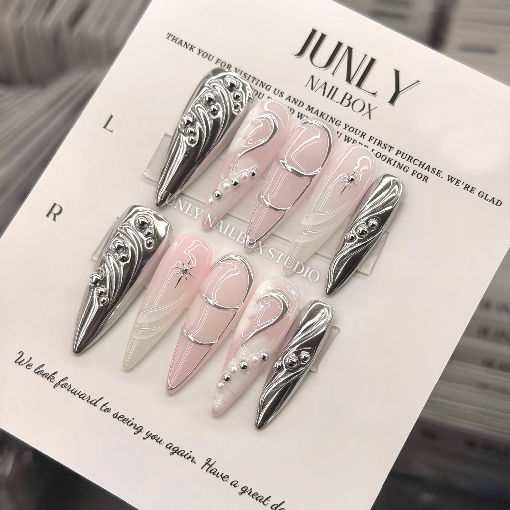 Nailbox tráng gương bạc JUNLY - nail box thiết kế móng giả hồng loang trắng tráng bạc đính bi 815