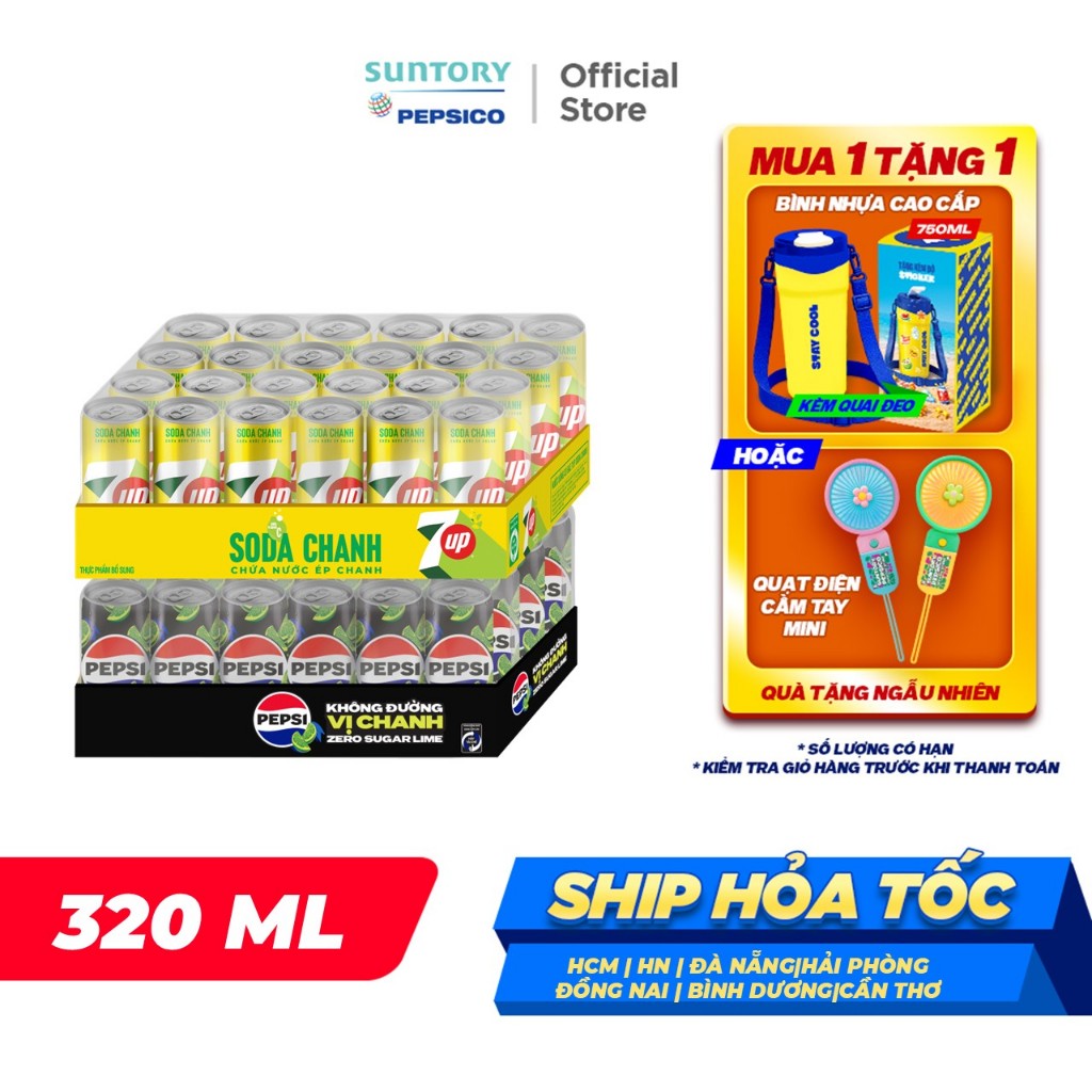 Combo 2 Thùng 24 Lon Pepsi Vị Chanh Không Calo và 7UP Soda Chanh Không Calo (320ml/lon)