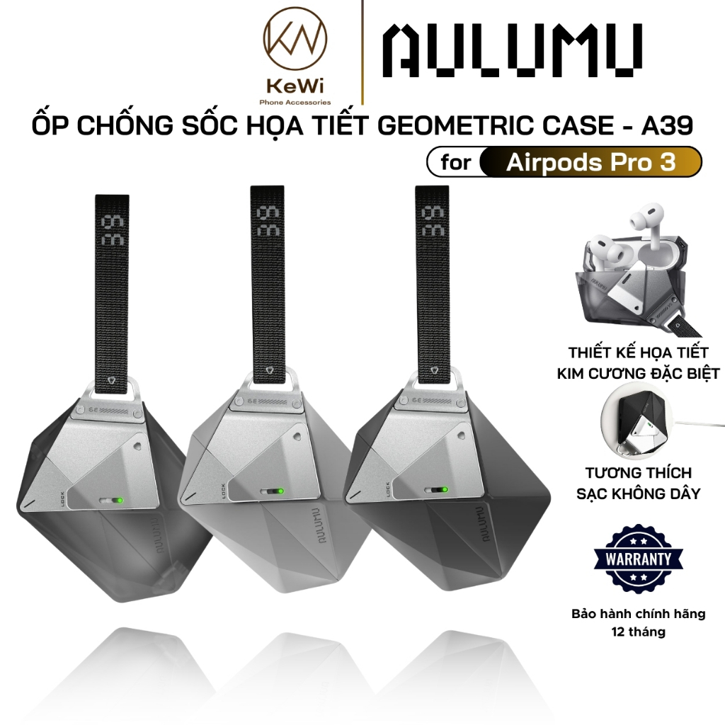 Ốp Chống Sốc Aulumu cho Airpods Pro 3, A39 Geometric Case - Khóa Kim Loại, Chống Sốc, Kèm Dây Đeo