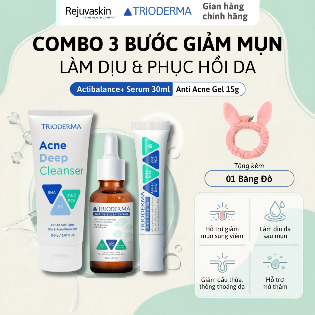 Combo Trioderma Giảm Mụn, Mờ Thâm, Sáng Da Chăm Sóc Da Mụn, Gel Giảm Mụn 15g & Serum 30ml & Sữa Rửa Mặt 150g