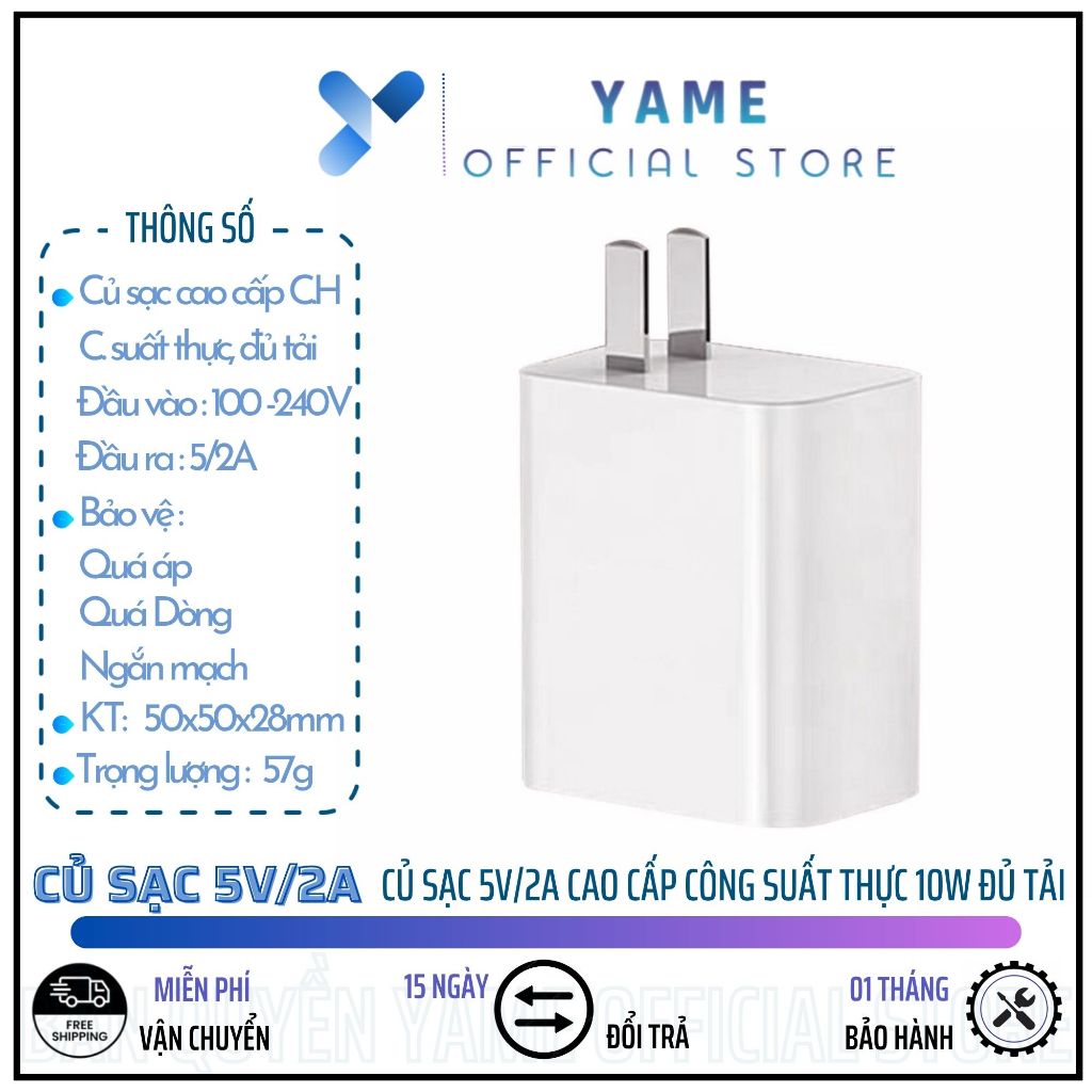 Củ Sạc 5V/2A Cao Cấp Công Suất Thực 10W, Đủ Tải, Dùng Cho Đài FM Sansui F65, F75, E50, Tai Nghe Blue