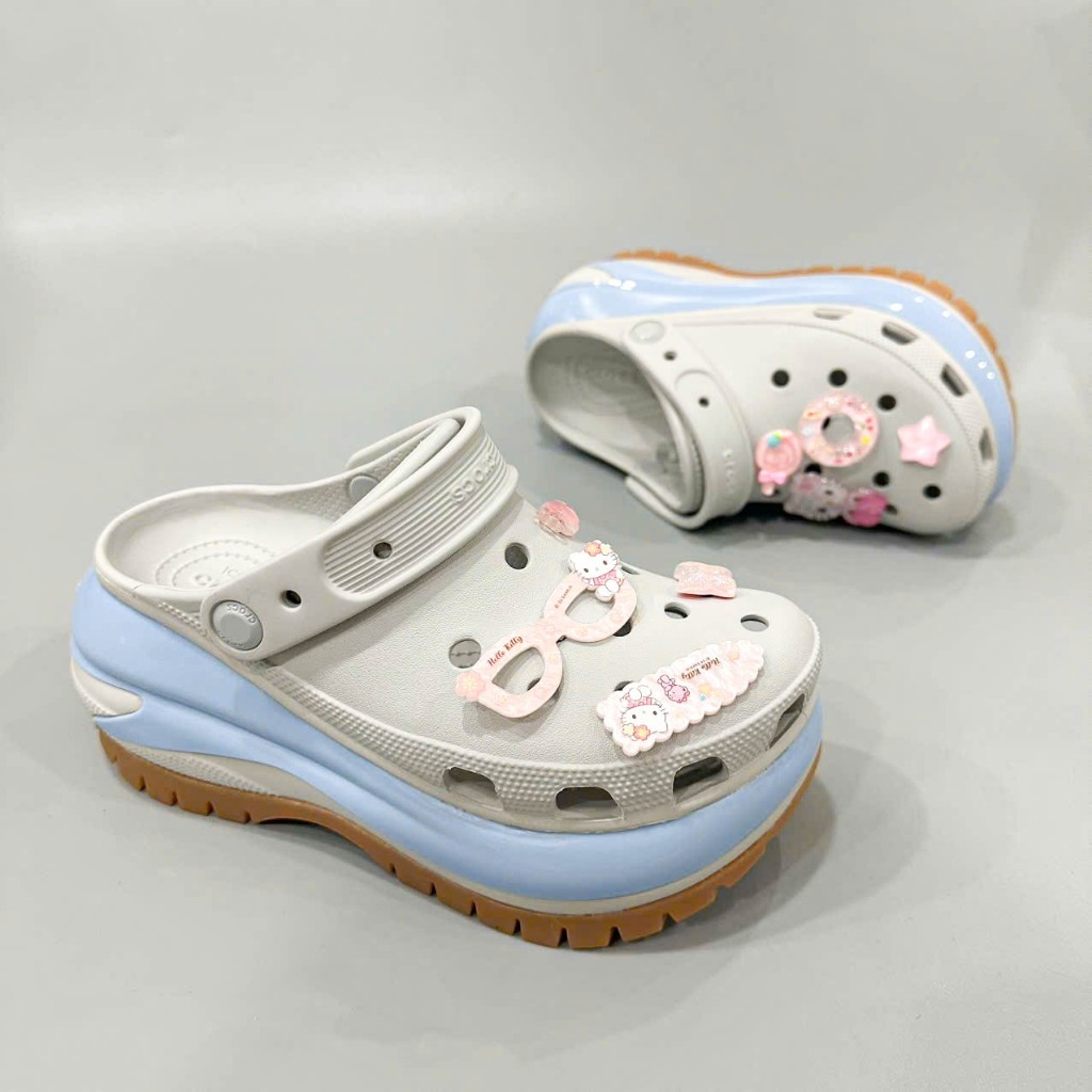 Dép sục mega crush clogs unisex tặng jibbitz stickers 3D loại đẹp, dép sục crush mega màu xám xanh