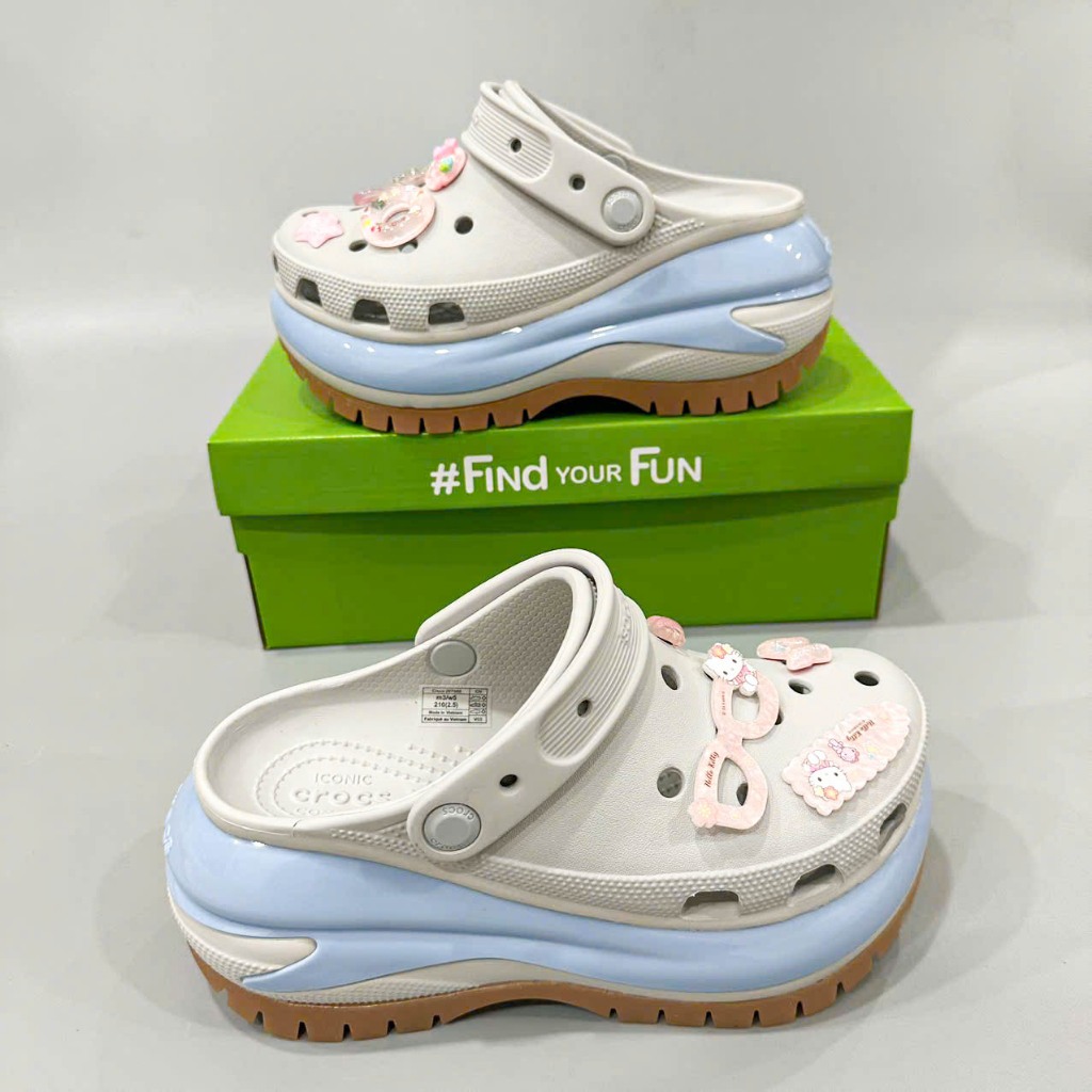 Dép sục mega crush clogs unisex tặng jibbitz stickers 3D loại đẹp, dép sục crush mega màu xám xanh