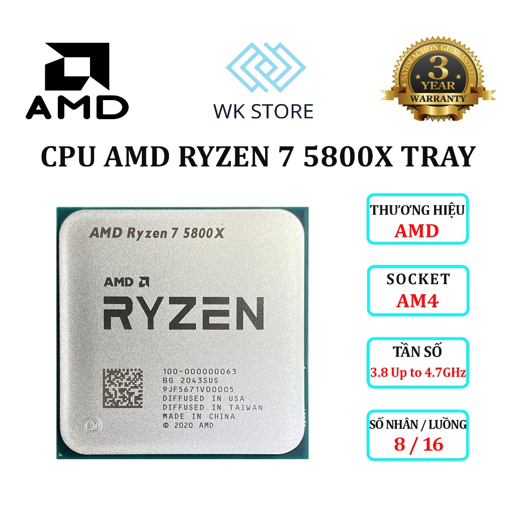 CPU AMD Ryzen 7 5800X Tray | AM4, 3.8GHz Boost 4.7GHz , 8 Nhân/16 Luồng, 32MB | Mới, BH 36T