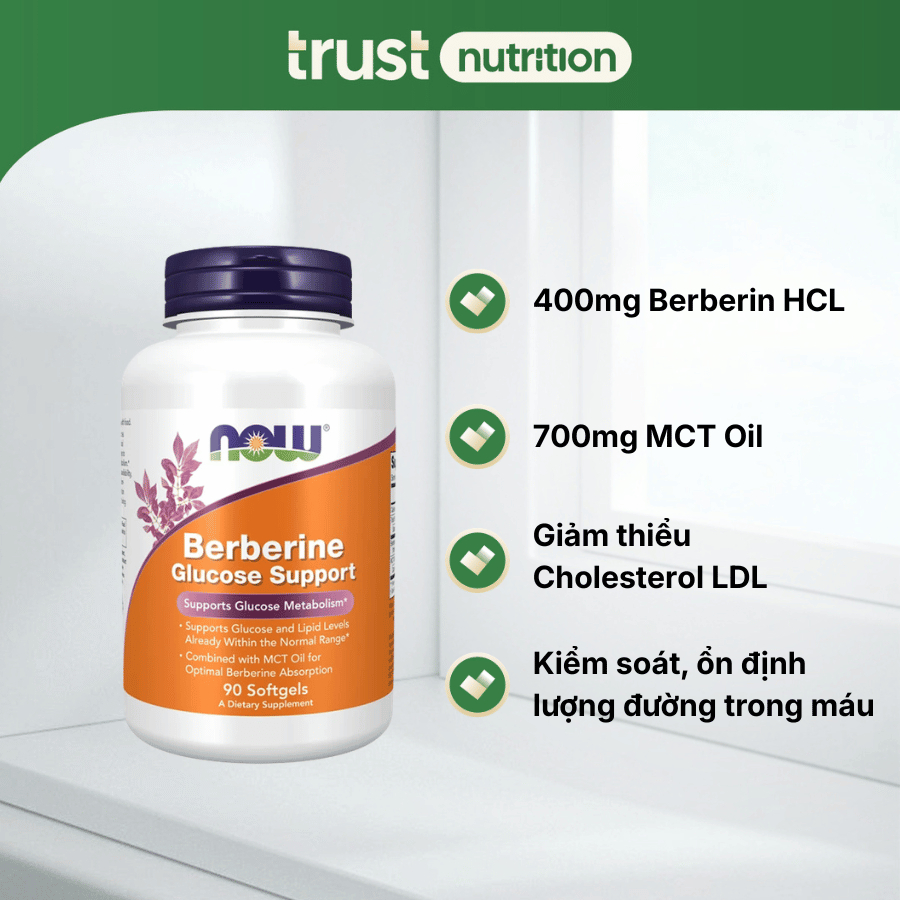 Viên uống Now Berberine Glucose Support, 90 viên, hỗ trợ kiểm soát đường huyết