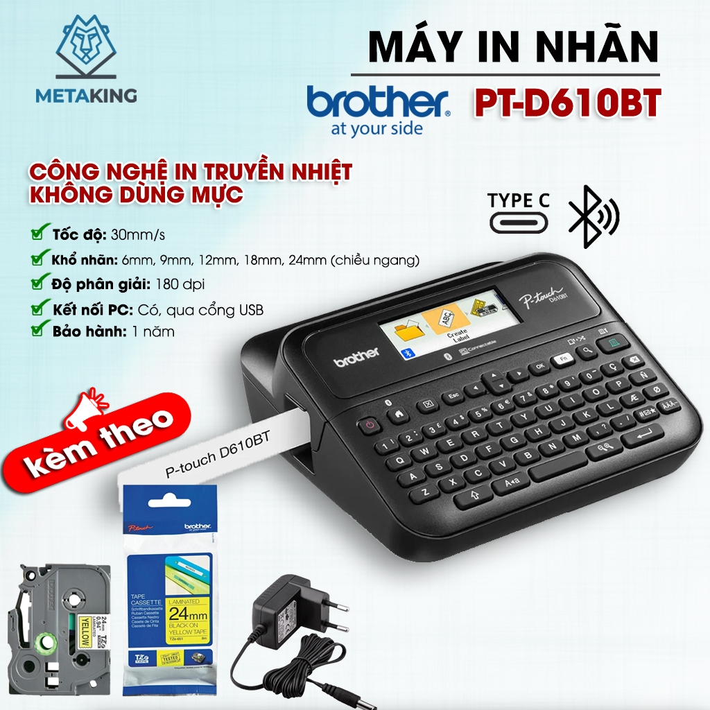 Máy In Nhãn Brother PT-D610BT, Kết Nối Bluetooth®,USB - Hàng chính hãng