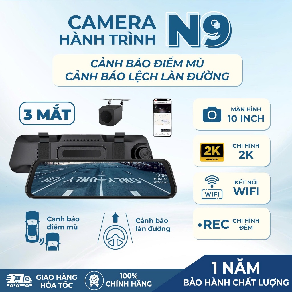 Camera hành trình ô tô N9 CARLOVER 3 mắt Trước, Trong và Sau Xe | Cảnh báo điểm mù, Cảnh báo làn đườ