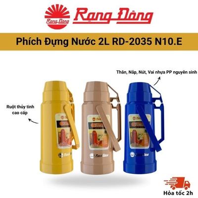 Phích đựng nước Rạng Đông 2035 N10.E dung tích 2L ruột thủy tinh an toàn, nắp xoáy có gioăng silicone kín giữ nhiệt tốt