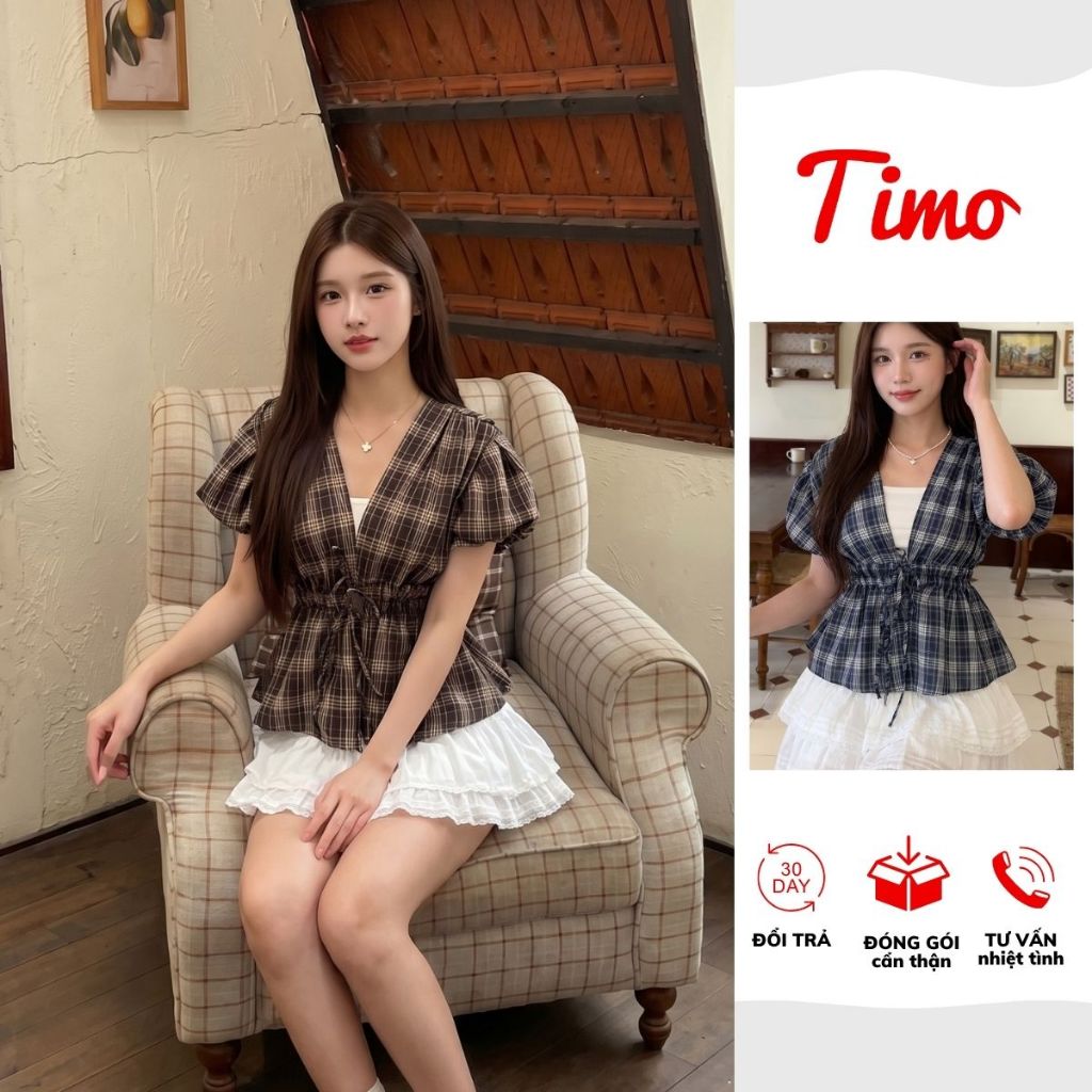 Áo kiểu nữ kẻ caro, áo tay bồng thắt nơ eo tôn dáng phối chân váy đi chơi xinh (kèm quà tặng) AOT120