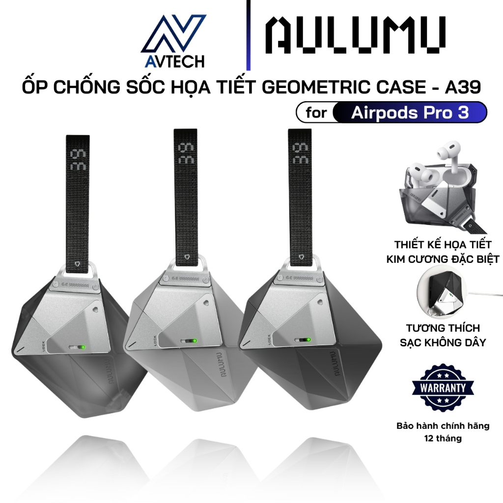 Ốp Chống Sốc Aulumu cho Airpods Pro 3, A39 Geometric Case - Khóa Kim Loại, Chống Sốc, Kèm Dây Đeo