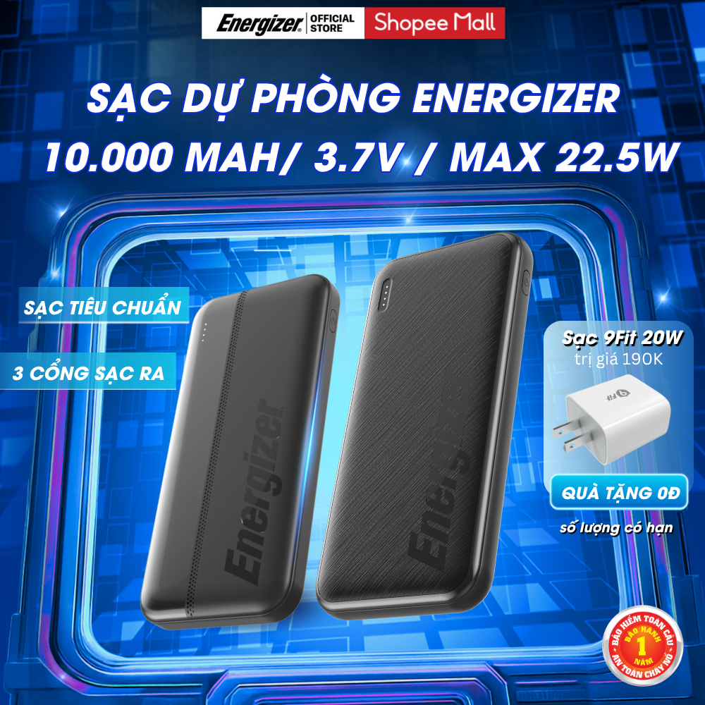 Sạc dự phòng Energizer 10000mAh/ 3.7V Max 15W, Sạc nhanh PD, 3 output, Bảo Hành Chính Hãng 1 năm