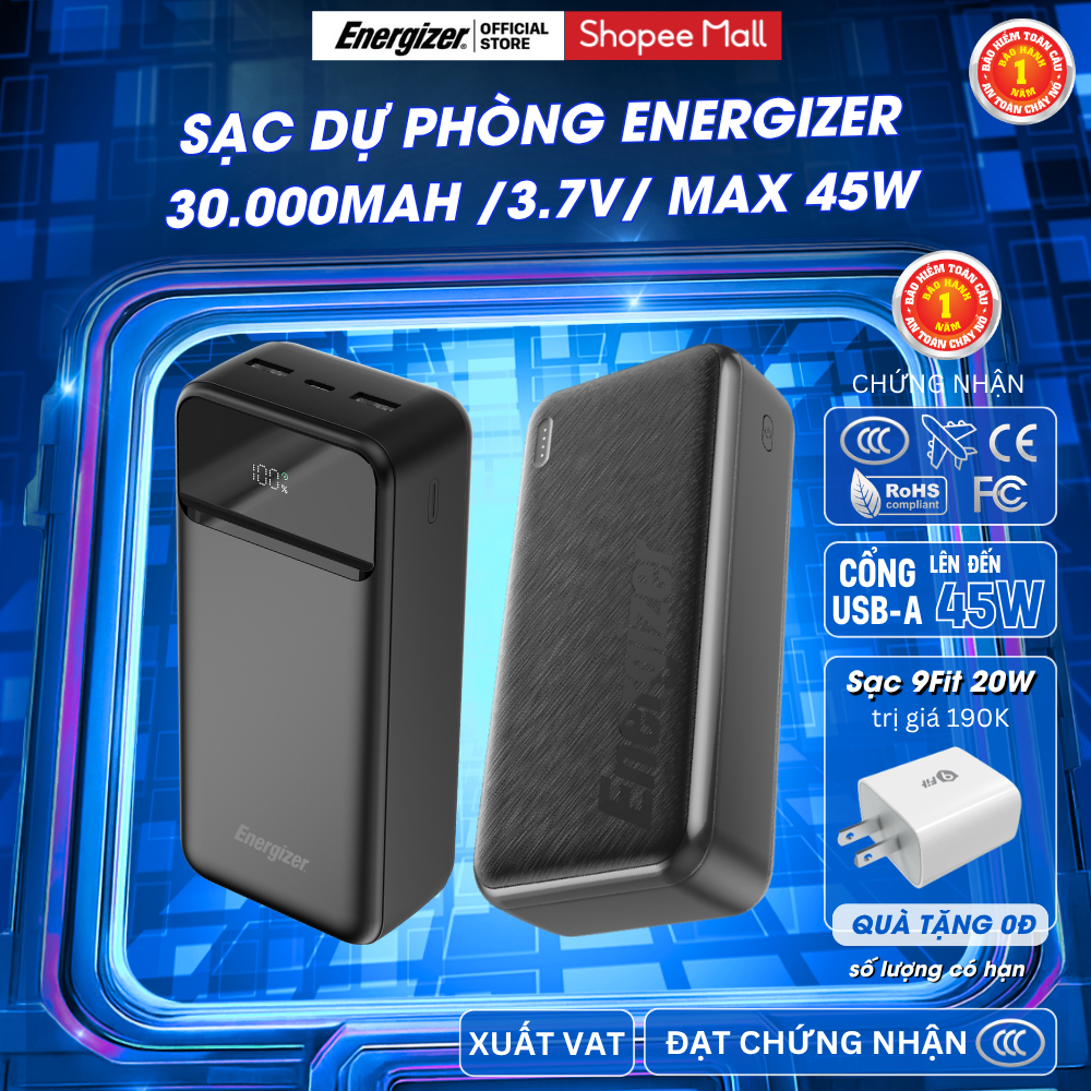 Pin Sạc Dự Phòng Cao Cấp Energizer 30000mAh/ Max 45W Sạc Nhanh PD, 7 Cổng Sạc Ra, Bảo Hành 1 Năm