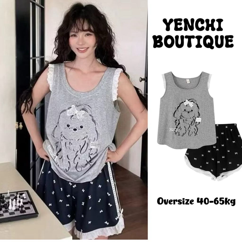 Bộ Tanktop In Cún Nơ Phối Ren Màu Xám. Bộ đồ form rộng mùa hè dễ thương