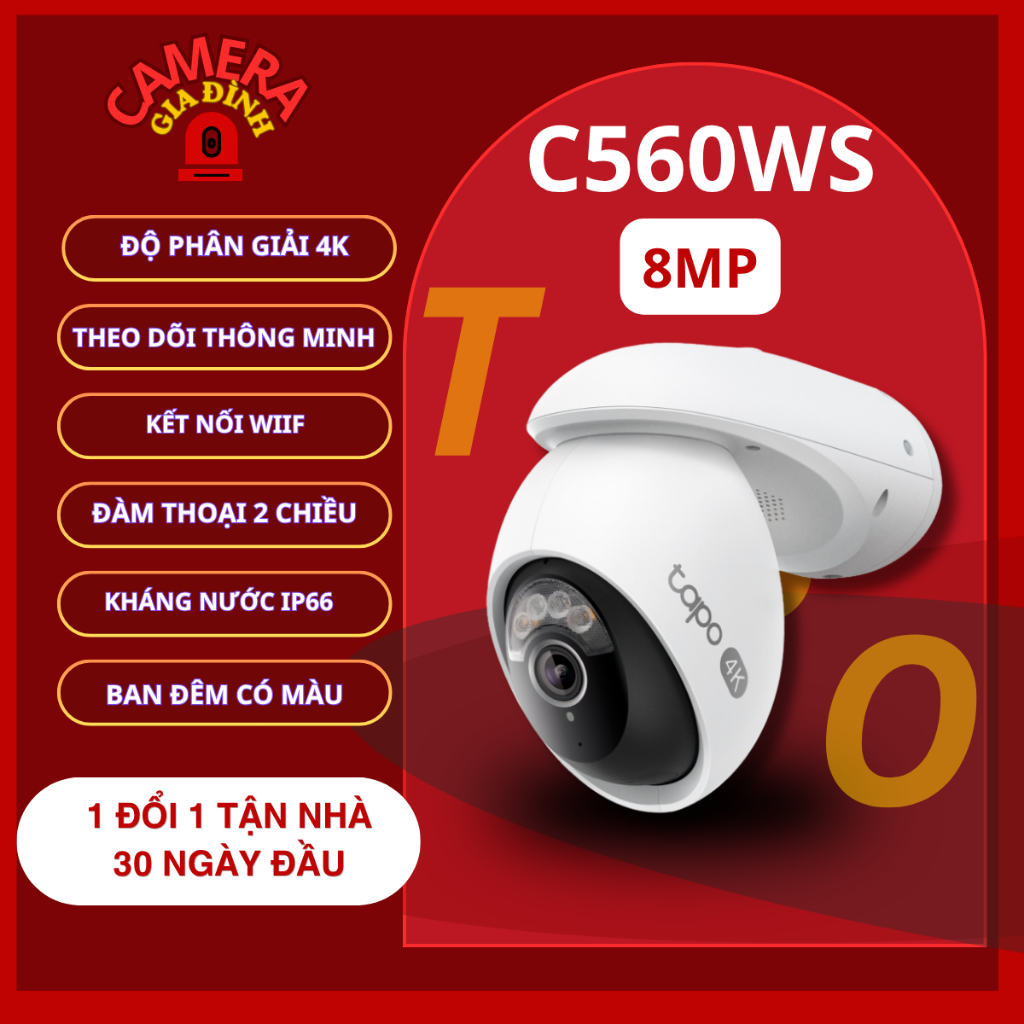 Camera wifi ngoài trời TAPO C560WS, độ phân giải 4k, kháng nước và cảnh báo về điện thoại, đèn trợ s