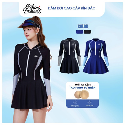 Bộ bơi nữ một mảnh tay dài form váy có quần bảo hộ kín đáo, bảo vệ da chống nắng - tia UV - Đen Xám - BS1017_BL