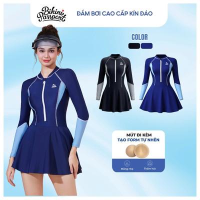 Bộ bơi, swimsuit nữ một mảnh tay dài form váy kín đáo, che bụng, chống nắng tốt BIKINI PASSPORT - Xanh Navy - BS1017_NV