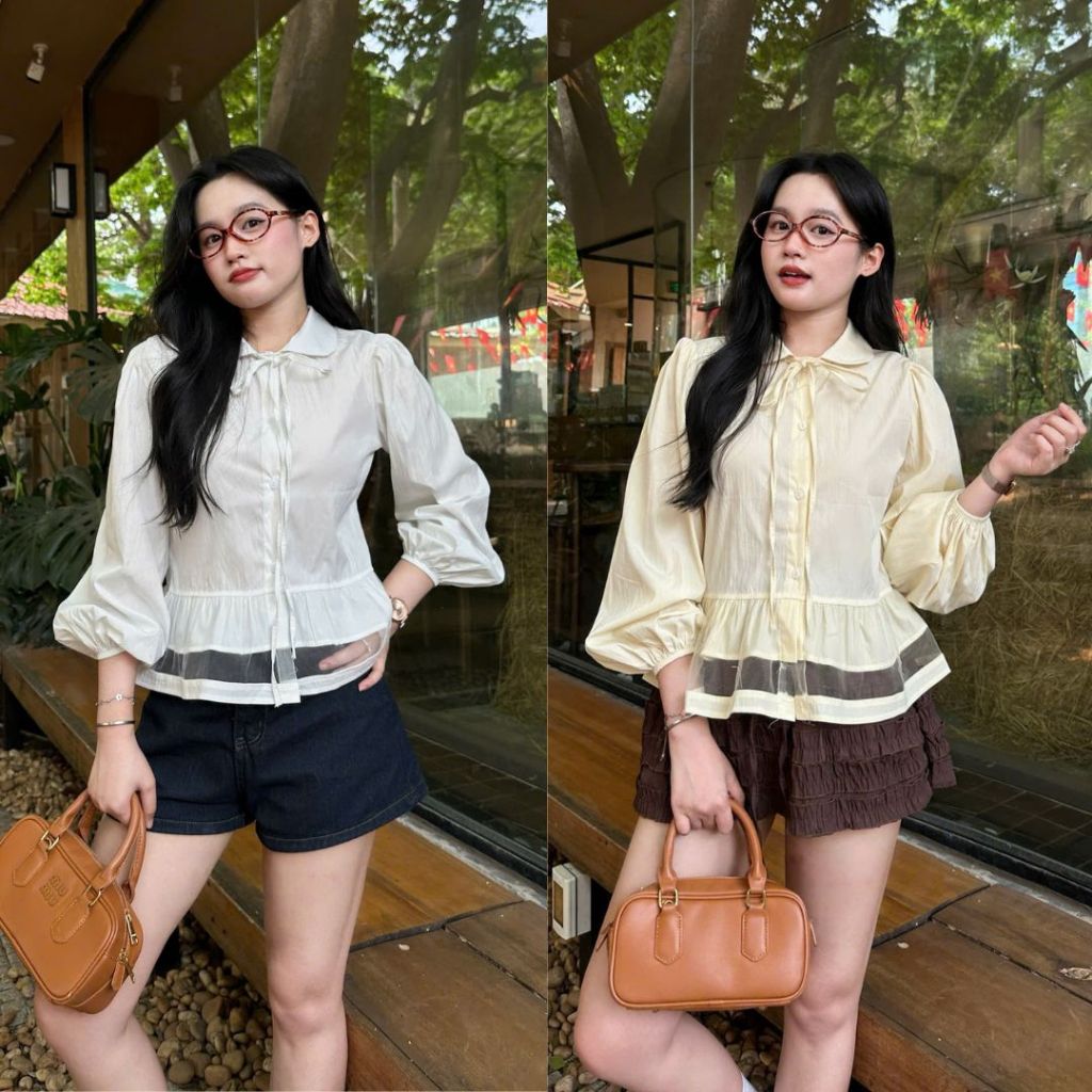 Áo Sơ Mi Nữ Cổ Peter Pan Buộc Nơ Tay Phồng Dáng Peplum Thanh Lịch – Áo Kiểu Nữ Trắng/Đen Form Rộng X