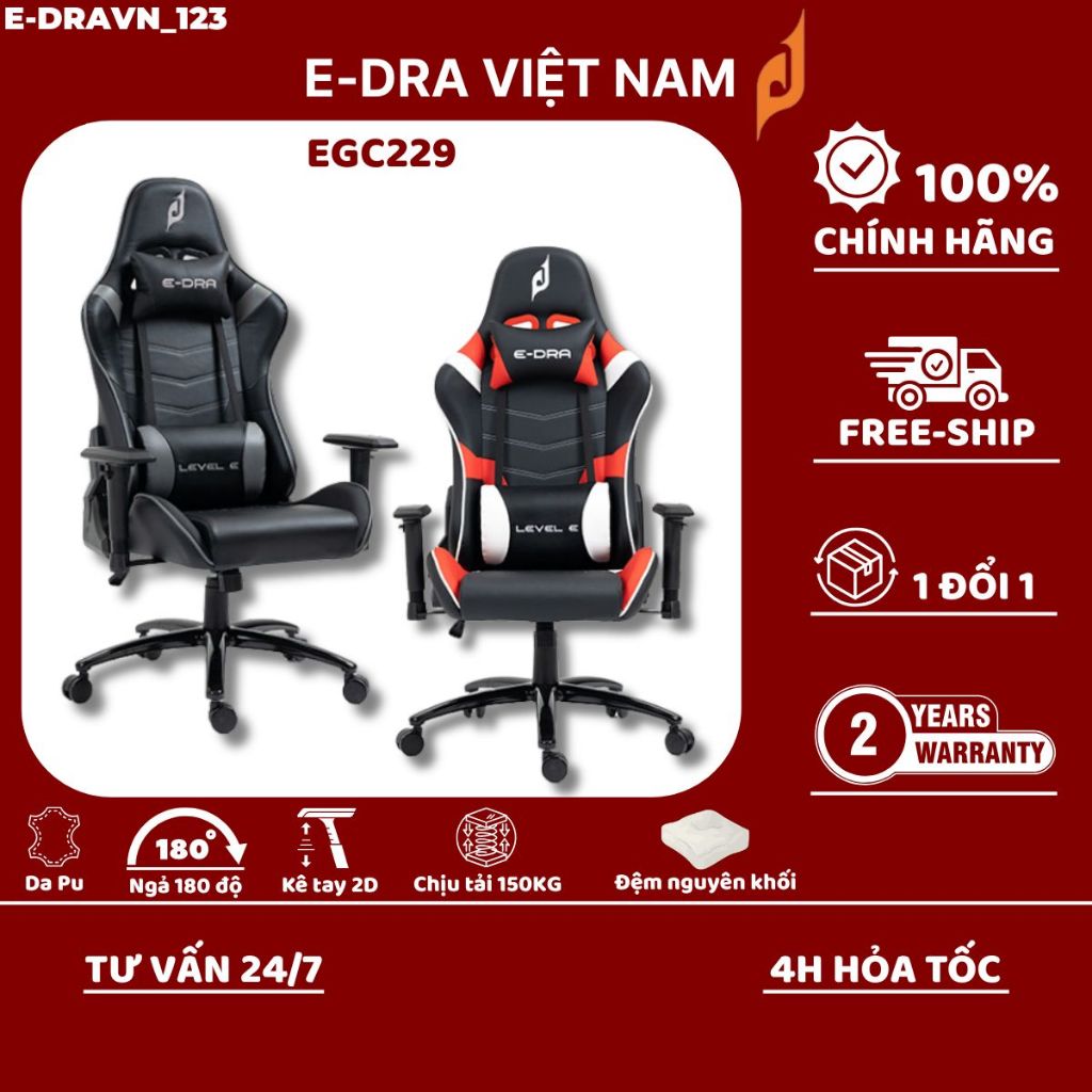 Ghế game E-DRA LEVEL E - EGC229 Da PU trọng tải 150KG, ngả 180 độ. Hàng chính hãng.
