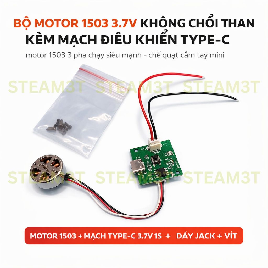 Bộ Motor 1503 3.7V Không Chổi Than Kèm Mạch Điều Khiển Type-C 1S – Motor 3 Pha Chế Quạt Mini DIY