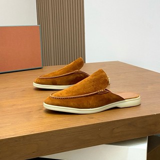 Shallow Slipper Da Lộn Đế Bệt, Giày Sục Nam Đế Bệt Da Thật Nâu Be Dustino