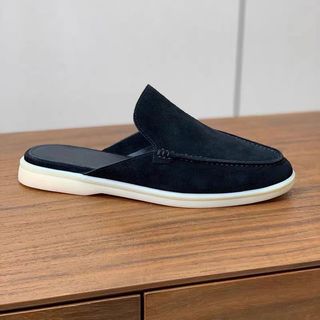 Shallow Slipper Da Lộn Đế Bệt, Giày Sục Nam Đế Bệt Da Thật Nâu Be Dustino