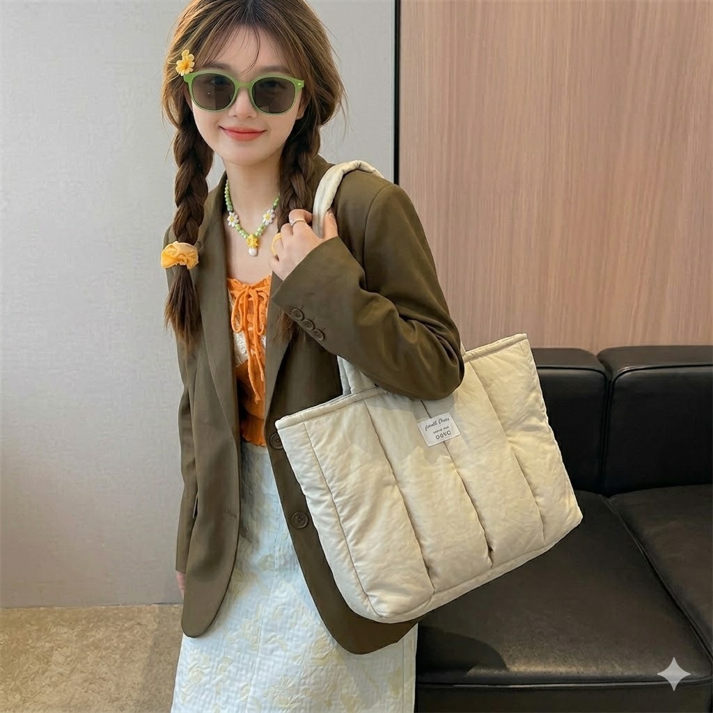 Túi Xách Chần Bông Nữ Form Rộng Size L 42x30 Phong Cách Hàn Quốc Đi Học Đi Làm