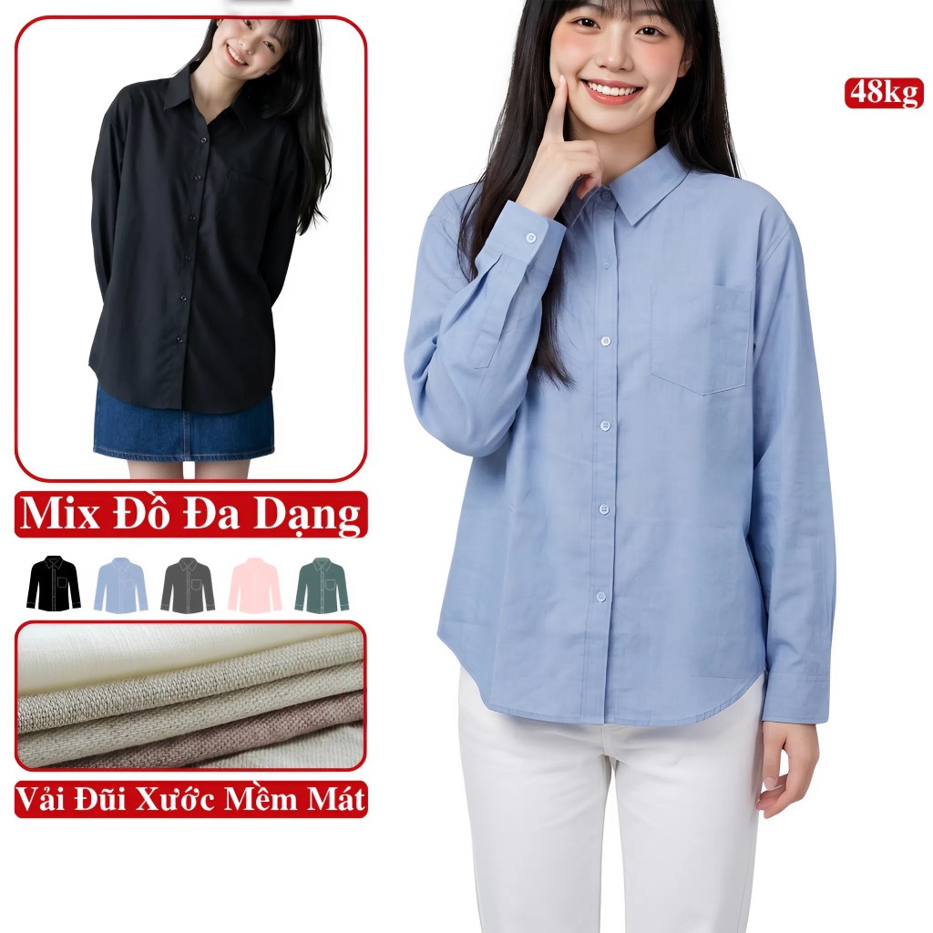 Áo Sơ Mi Dáng Rộng Dài Tay Nữ Madela. Sơ Mi Đũi Hàn Nữ Dáng Rộng Bigsize Phong Cách Hàn Quốc - ASM10